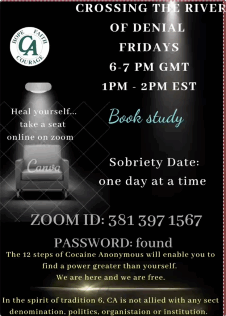 Cocaine Anonymous Online Crossing the River of Denial Group Flyer